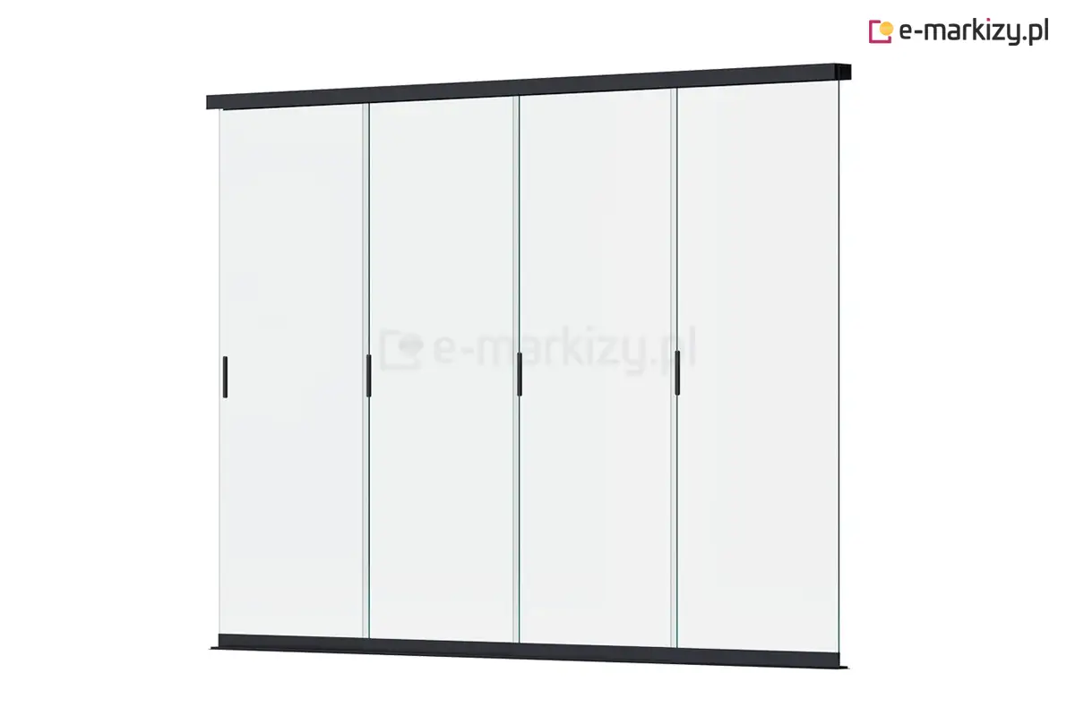 Szklana zabudowa boczna do pergoli Marlo złożona z czterech bezramowych przesuwnych paneli drzwiowych w aluminiowej prowadnicy górnej i dolnej. System umożliwia płynne przesuwanie szyb dla ochrony przed wiatrem i zachowania panoramicznego widoku z tarasu.