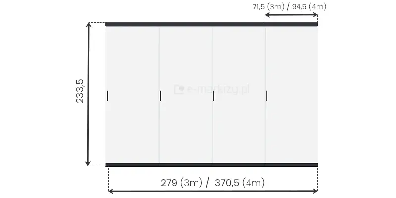 System przesuwnej ściany z paneli szklanych do pergoli Marlo dostępny w dwóch rozmiarach: 279 cm i 370,5 cm stosowane w zależności od wielkości boku do zabudowy - szerokość pojedynczego panelu ze szkła to 71,5 cm lub 94,5 cm