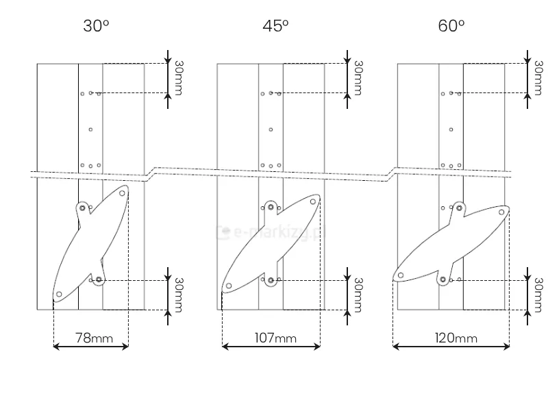 W zależności od sposobu montażu, stały panel żaluzjowy posiada kąt 30°, 45° lub 60°