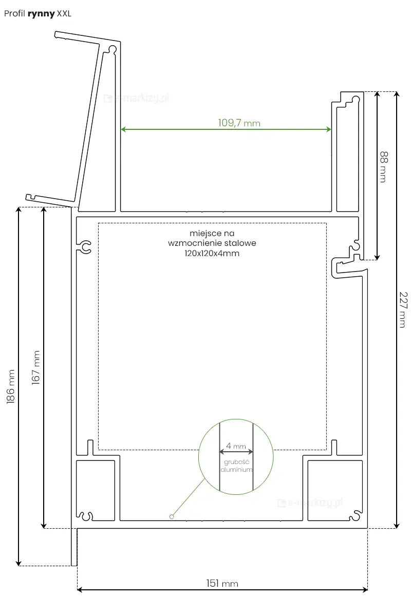 Wzmocniona powiększona rynna przednia z odpływem do modelu zadaszenia Terano XXL