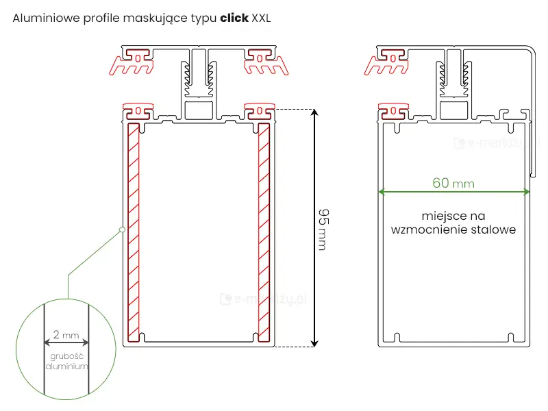 Wymiary profili maskujących typu click o wzmocnionej konstrukcji do zadaszenia Terano XXL
