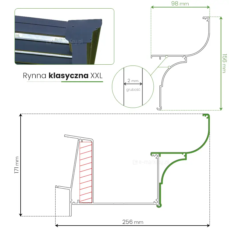 Przekrój boczny rynny klasycznej zadaszenia Terano w wersji XXL
