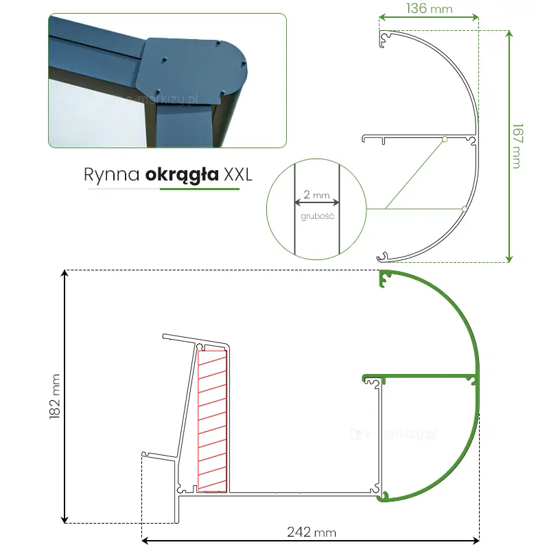 Przekrój boczny rynny okrągłej zadaszenia Terano w wersji XXL