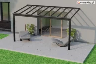 Wytrzymałe zadaszenie tarasowe Terano XXL o szerokości 5 metrów, z dachem z przezroczystego poliwęglanu i wzmocnioną belką przednią pozwalającą na montaż tylko dwóch podpór. Konstrukcja przymocowana do elewacji domu, na tarasie dwa designerskie leżaki i rośliny doniczkowe.