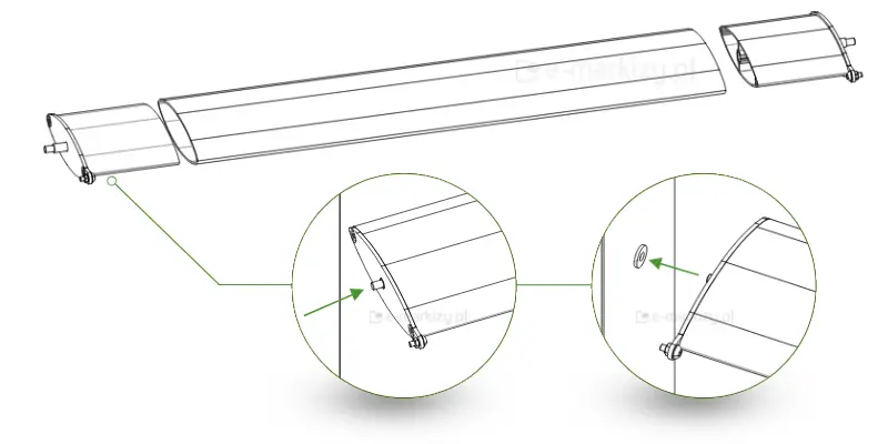 Do aluminiowego panelu żaluzjowego Louvre doczepia się zaślepki montażowe umożliwiające obrót