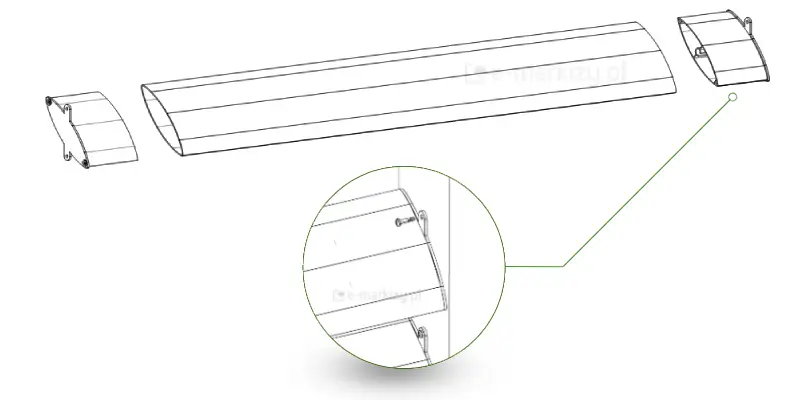 Do panelu żaluzjowego Louvre doczepia się stałe zaślepki montażowe