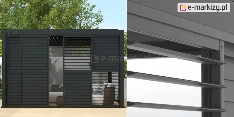 Przesuwne regulowane drzwi żaluzjowe do pergoli, wykonane z aluminium, zapewniające regulację światła, prywatność i nowoczesny wygląd tarasu.