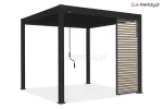 Aluminiowa pergola ogrodowa z drewnopodobnym panelem żaluzjowym woodgrain, prezentacja konstrukcji i zabudowy bocznej w nowoczesnym stylu.