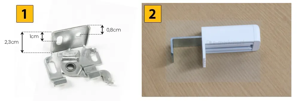 Uchwyty mocowania górnego żaluzji drewnianej - zestawienie uchwytu inwazyjnego TWIST w wersji przykręcanej oraz uchwytu bezinwazyjnego