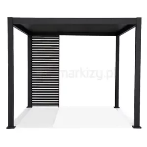 Aluminiowy panel z poziomymi lamelami w kolorze antracytowym zamontowany do pergoli wolnostojącej Gloria