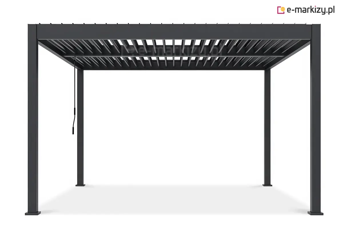 Pergola Marlo Duo rzut boczny z otwartymi lamelami pokazujący antracytową konstrukcję o wysięgu 4 metrów i czterech masywnych podporach, z widocznym ręcznym mechanizmem korbowym umożliwiającym niezależne otwieranie obu dachów.