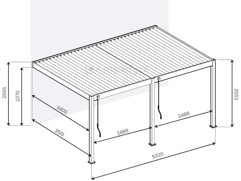 Pergola lamelowa aluminiowa Rubio Soft na trzech przednich podporach szczegółowe wymiary