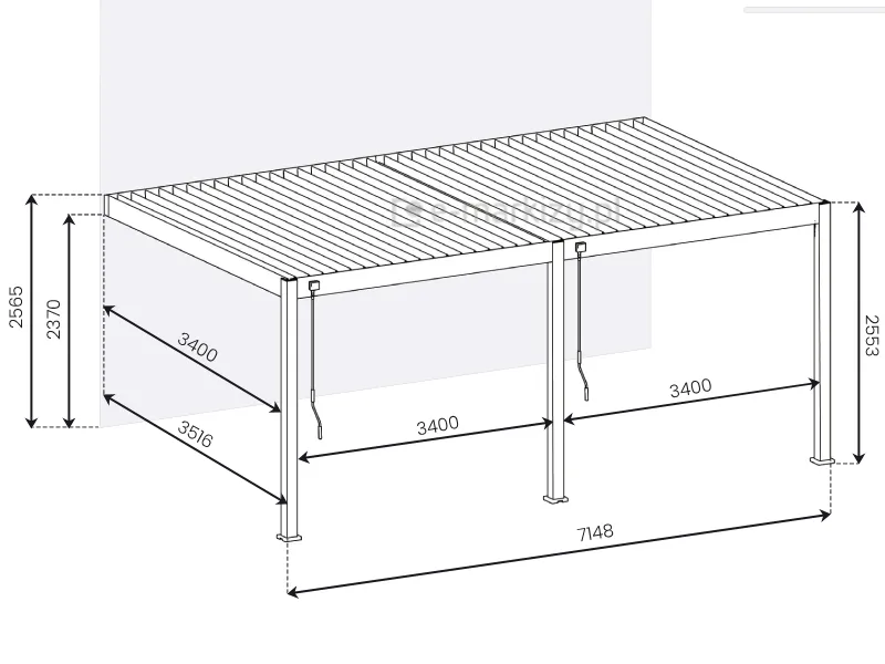 Pergola lamelowa z mocowaniem do ściany szczegółowe wymiary zadaszenia tarasowego Rubio Soft