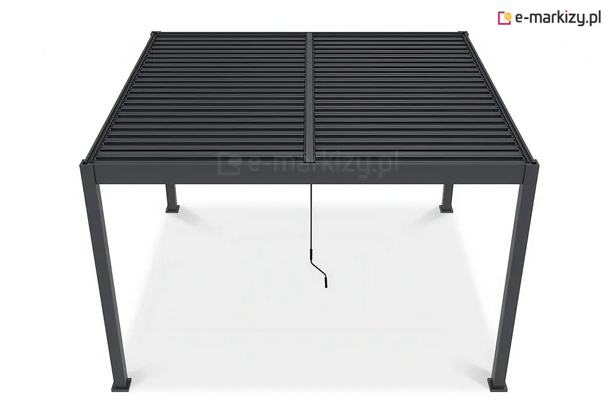 Podwójny lamelowy dach do pergoli aluminiowej Marlo Duo - antracytowa pergola ochronna na taras z dwoma osobno otwieranymi dachami i czterema stabilnymi podporami
