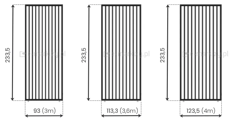Pionowy panel aluminiowy do pergoli Rubio Soft dostępny w trzech wymiarach: 93 cm, 113,3 cm i 123,5 cm. Przeznaczony do samodzielnego montażu, wykonany z odpornego aluminium.