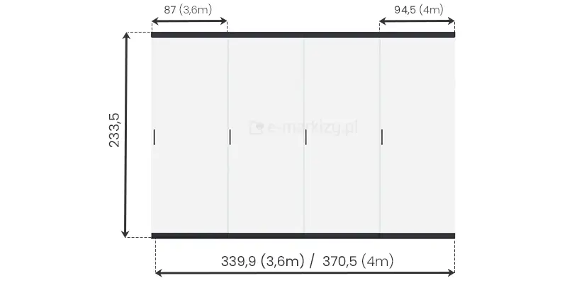 System przesuwnej ściany z paneli szklanych do pergoli Marlo Duo dostępny w dwóch rozmiarach: 339,9 cm i 370,5 cm stosowane w zależności od wielkości boku do zabudowy - szerokość pojedynczego panelu ze szkła to 87 cm lub 94,5 cm