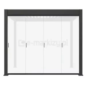 Frontowe drzwi z paneli szklanych przesuwane na prowadnicach jako zabudowa boku pergoli tarasowej