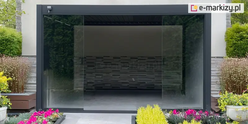 Eleganckie szklane przesuwane na prowadnicach panele zamontowane z przodu pergoli tarasowej w kolorowym ogrodzie.