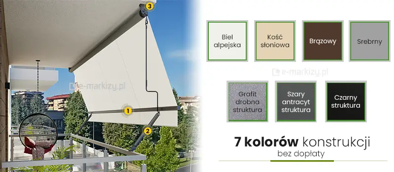 Markiza z korbką na balkon firmy Selt - kolory konstrukcji: biel alpejska, kość słoniowa, brązowy, srebrny, grafit struktura, szary antracyt struktura i czarny struktura