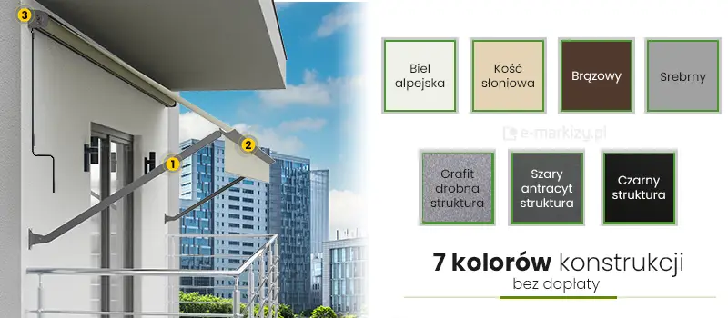 Markiza balkonowa z kasetą ochronną firmy Selt - kolory konstrukcji: biel alpejska, kość słoniowa, brązowy, srebrny, grafit struktura, szary antracyt struktura i czarny struktura