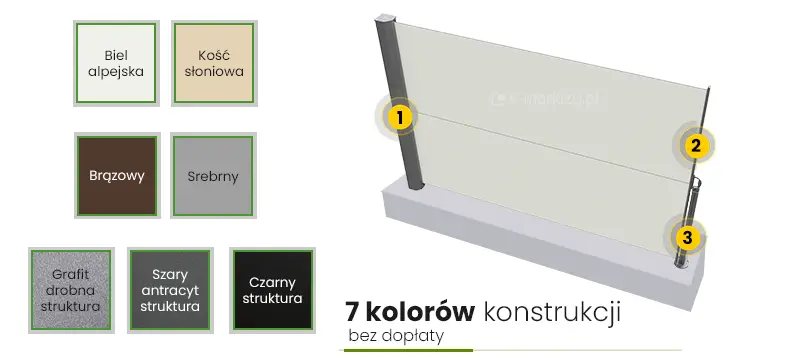 Markiza typu parawan tarasowy Selt Bora - kolory konstrukcji: biel alpejska, kość słoniowa, brązowy, srebrny, grafit struktura, szary antracyt struktura i czarny struktura