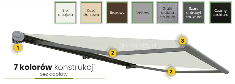 Markiza w pełnej kasecie Selt Casablanca – kolory konstrukcji: biel alpejska, kość słoniowa, brązowy, srebrny, grafit struktura, szary antracyt struktura i czarny struktura
