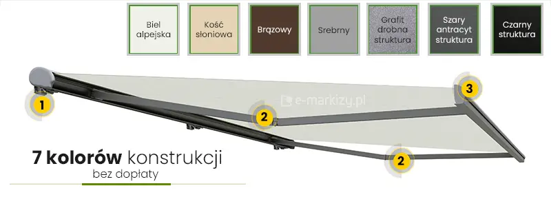 Markiza w pełnej kasecie Selt Dakar – kolory konstrukcji: biel alpejska, kość słoniowa, brązowy, srebrny, grafit struktura, szary antracyt struktura i czarny struktura