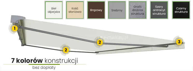 Markiza tarasowa w półkasecie Selt Jamaica - kolory konstrukcji: biel alpejska, kość słoniowa, brązowy, srebrny, grafit struktura, szary antracyt struktura i czarny struktura