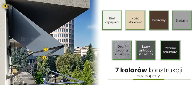 Markiza z ramionami ściennymi firmy Selt - kolory konstrukcji: biel alpejska, kość słoniowa, brązowy, srebrny, grafit struktura, szary antracyt struktura i czarny struktura