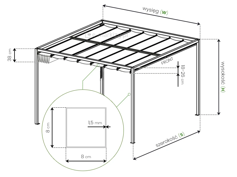 Pergola rzymska Dragon wolnostojąca wymiary z 4 podporami