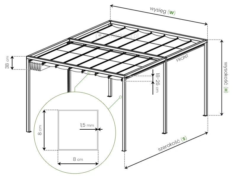 Pergola rzymska Dragon wolnostojąca wymiary z 6 podporami