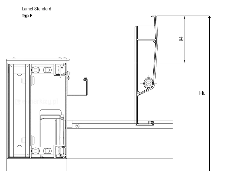 Wymiar HL dla otwartych lameli dachowych Typ F wystających ponad konstrukcję