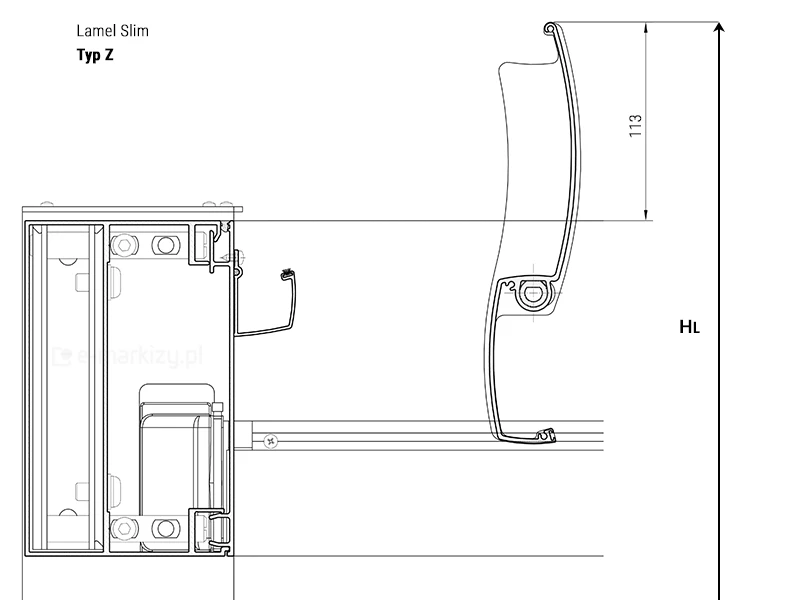 Wymiar HL dla otwartych lameli dachowych Typ Z wystających ponad konstrukcję