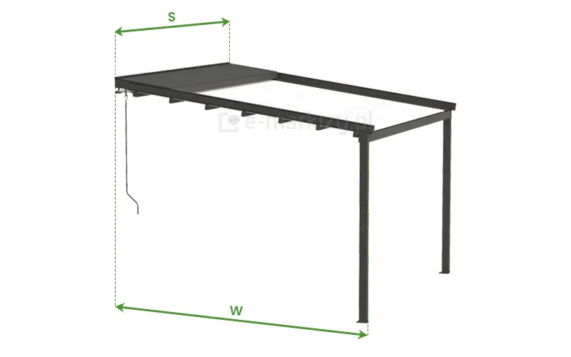 Sposób wymiarowania głównych wymiarów pergoli tarasowej Aura firmy Mol, czyli Szerokości całkowitej S oraz wysięgu W