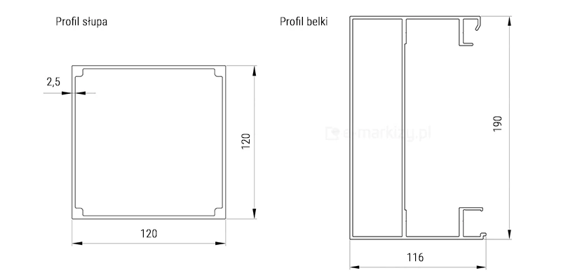 Pergola aluprof sb450 przekroj slupa i belki
