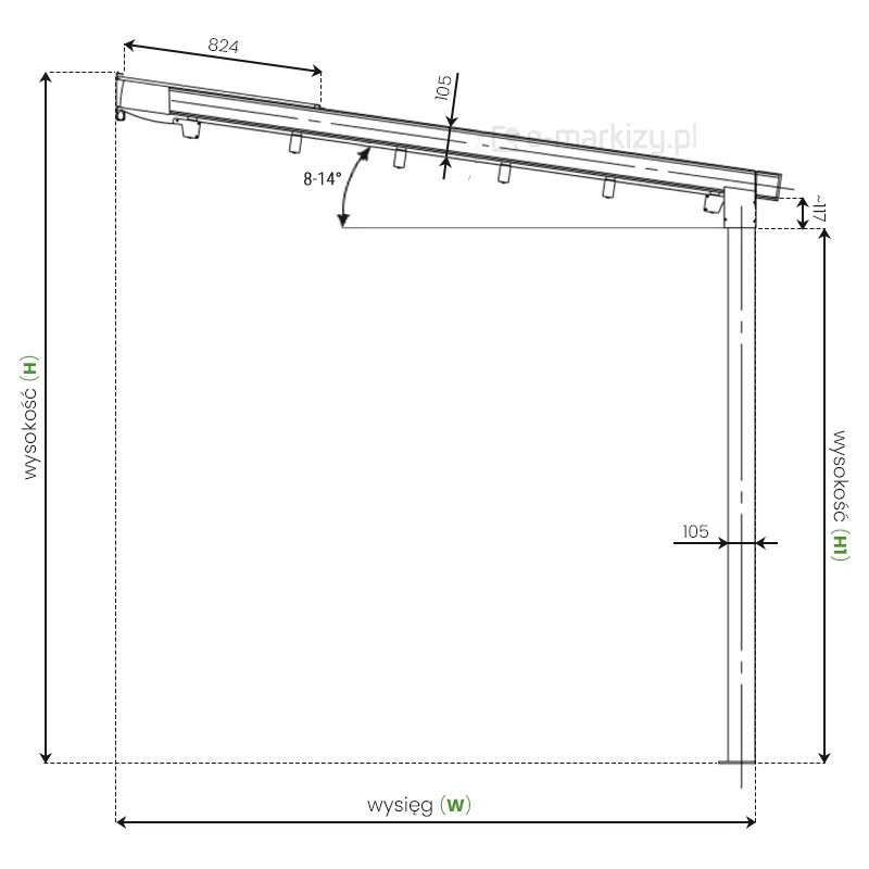 Najważniejsze wymiary pergoli Aura oznaczone na przekroju bocznym konstrukcji