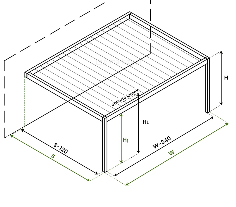 Rysunek techniczny do pomocy w pomiarze tarasu przed zamówieniem pergoli Aluprof