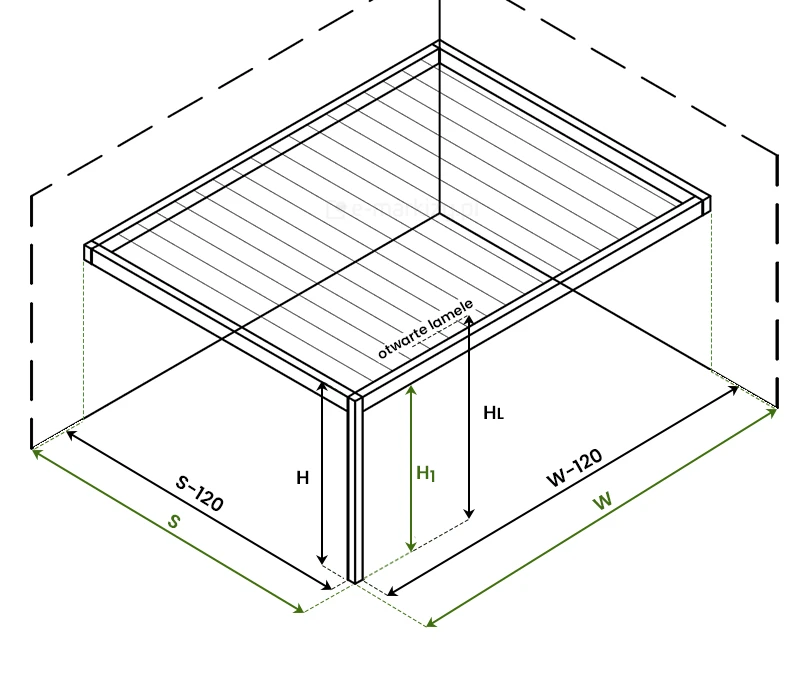 Rysunek techniczny do pomocy w pomiarze tarasu przed zamówieniem pergoli Aluprof