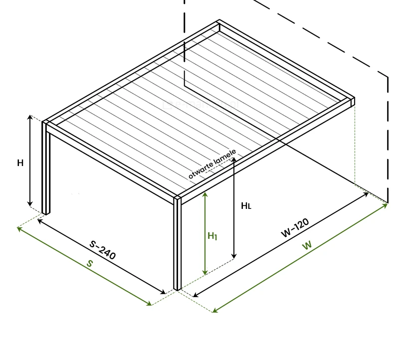 Rysunek techniczny do pomocy w pomiarze tarasu przed zamówieniem pergoli Aluprof