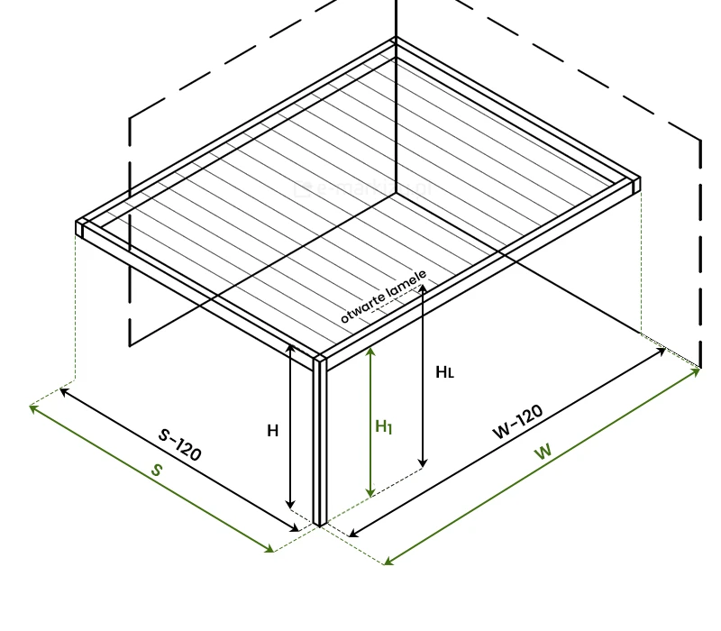 Rysunek techniczny do pomocy w pomiarze tarasu przed zamówieniem pergoli Aluprof