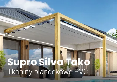 Wzornik tkanin PVC do pergoli Supro, Silva i Tako, prezentujący dostępne kolory i struktury materiałów plandekowych.